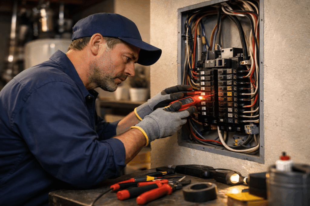 Licensed electrician wearing safety gloves repairs an open residential electrical panel with exposed wiring and circuit breakers in a modern utility room.