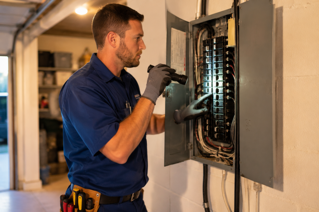 Licensed electrician in a blue uniform inspecting an open residential electrical panel with a flashlight inside a garage, checking circuit breakers and wiring for safety and performance.