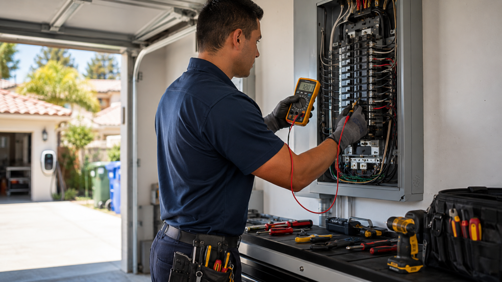 Licensed electrician using a digital multimeter to test circuits inside an open electrical panel in a clean residential garage with organized tools and daylight.